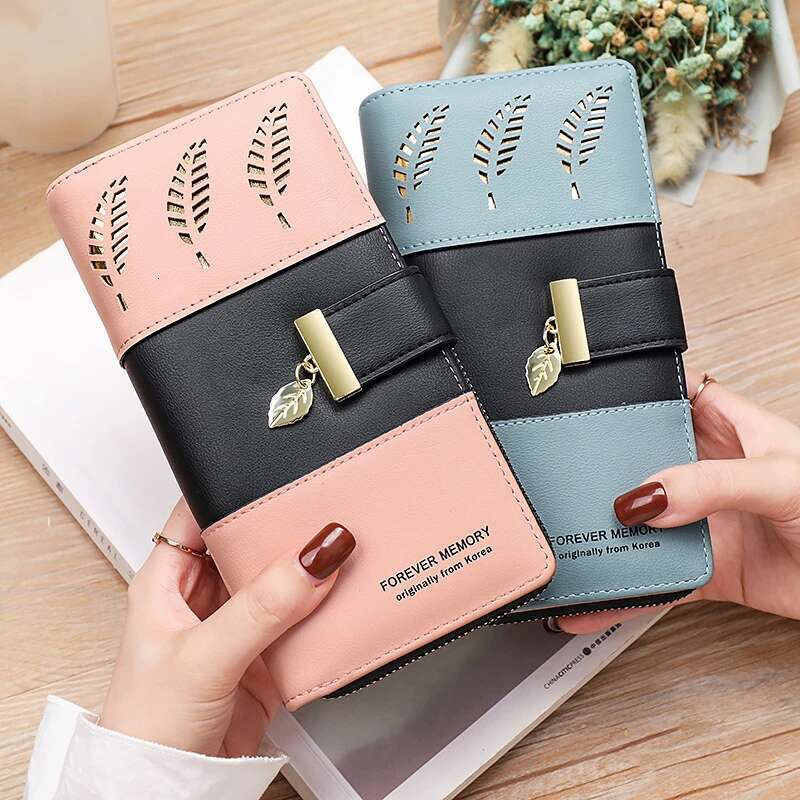 Hollow Leaves PU Leather Women's Long Wallet Fashion Female Coin Purses Hasp Zipper Clutch ID Credit Card Holders Money Bag Clip