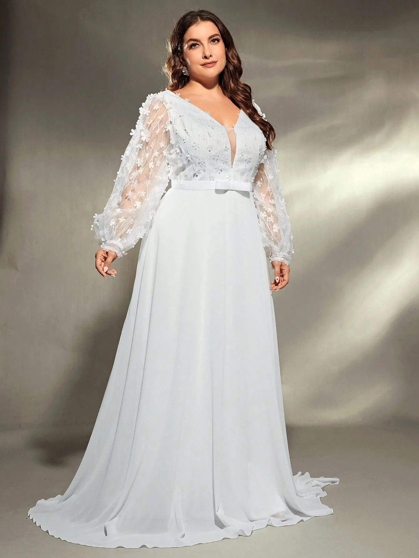 Mgiacy plus size Vneck threedimensional embroidery chiffon train wedding dress Evening gown Ball Party 250506
