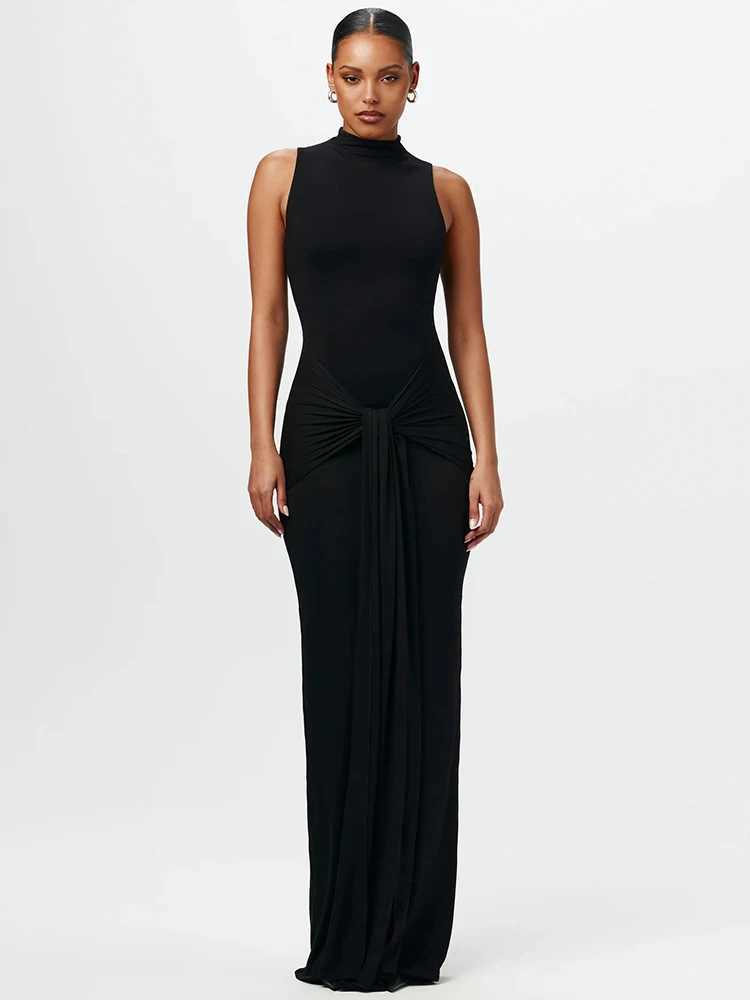 Mozision Half High Collar Irregular Tank Dress For Women 2024 New Fashion Sleeveless Bodycon Ruched Sexy Long Dress ElegantXJ250514