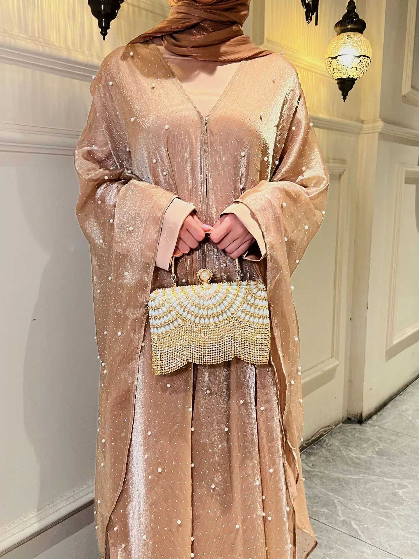 Fashion Open Abaya Shiny Kimono Cardigan Women Muslim 2 Piece Set Maxi Dress Dubai Turkey Kaftan Ramadan Eid Robe Gown Jalabiya X250514