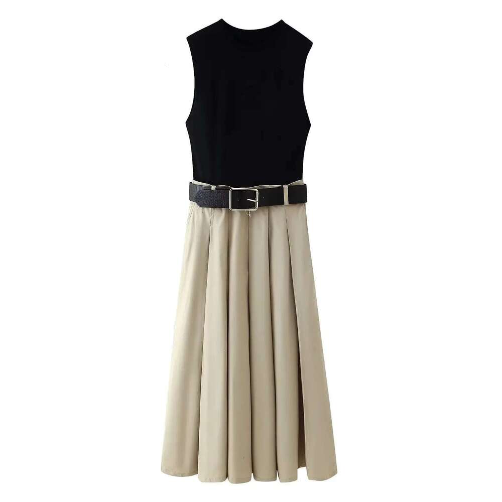 ZBZA Women's Belted Dress Round Neck Sleeveless Splicing Design A-Line Mid-Length Spring And Summer New Fashion Long Skirt