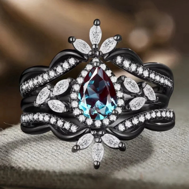 3 Piece Retro Gun Plated Black Ring Micro Black Zircon Irregular Couple Engagement Ring Set 250509