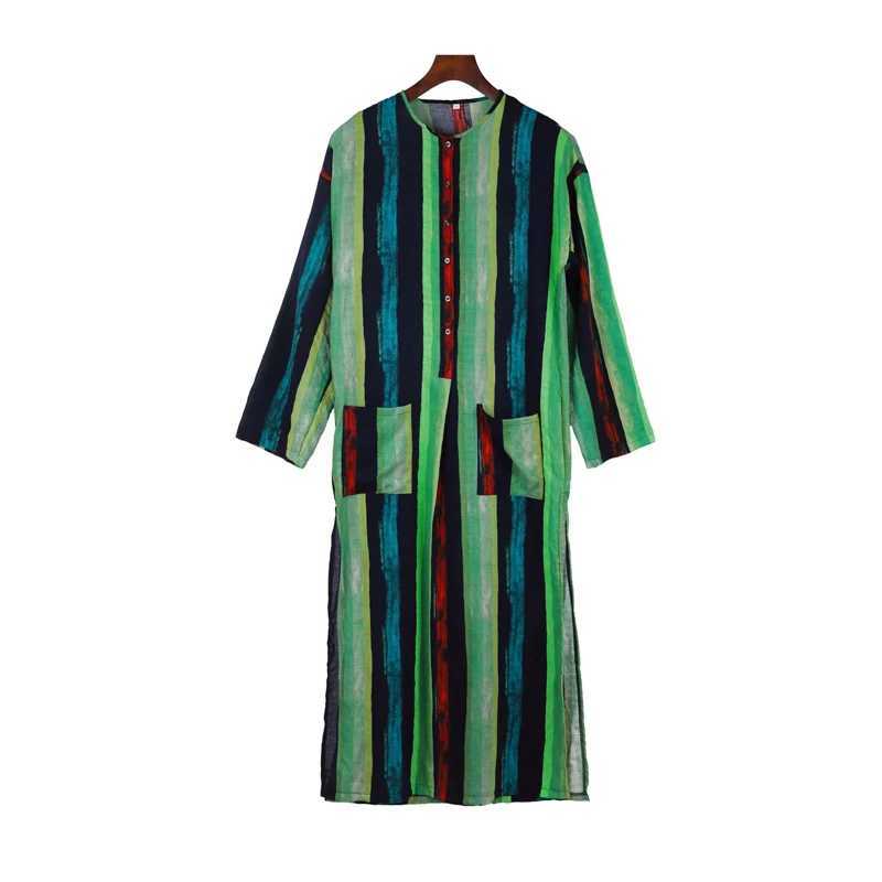 Mens Muslim Robes Striped Printed Long Sleeve Cotton Pockets Robes Button-down Leisure Vintage Islamic Arab Kaftan Dubai New X250514