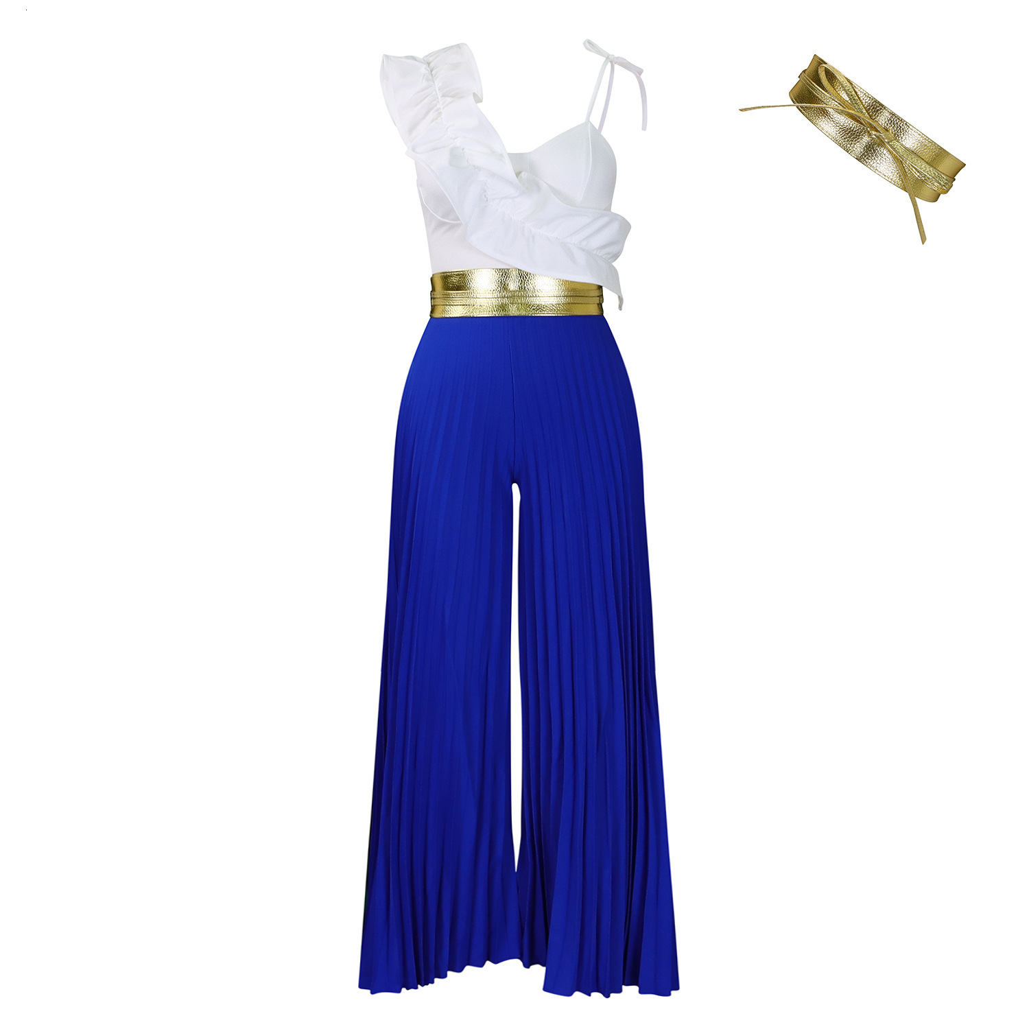 C8605 womens sexy ruffle edge sleeveless top wide leg wide leg pants fashion set