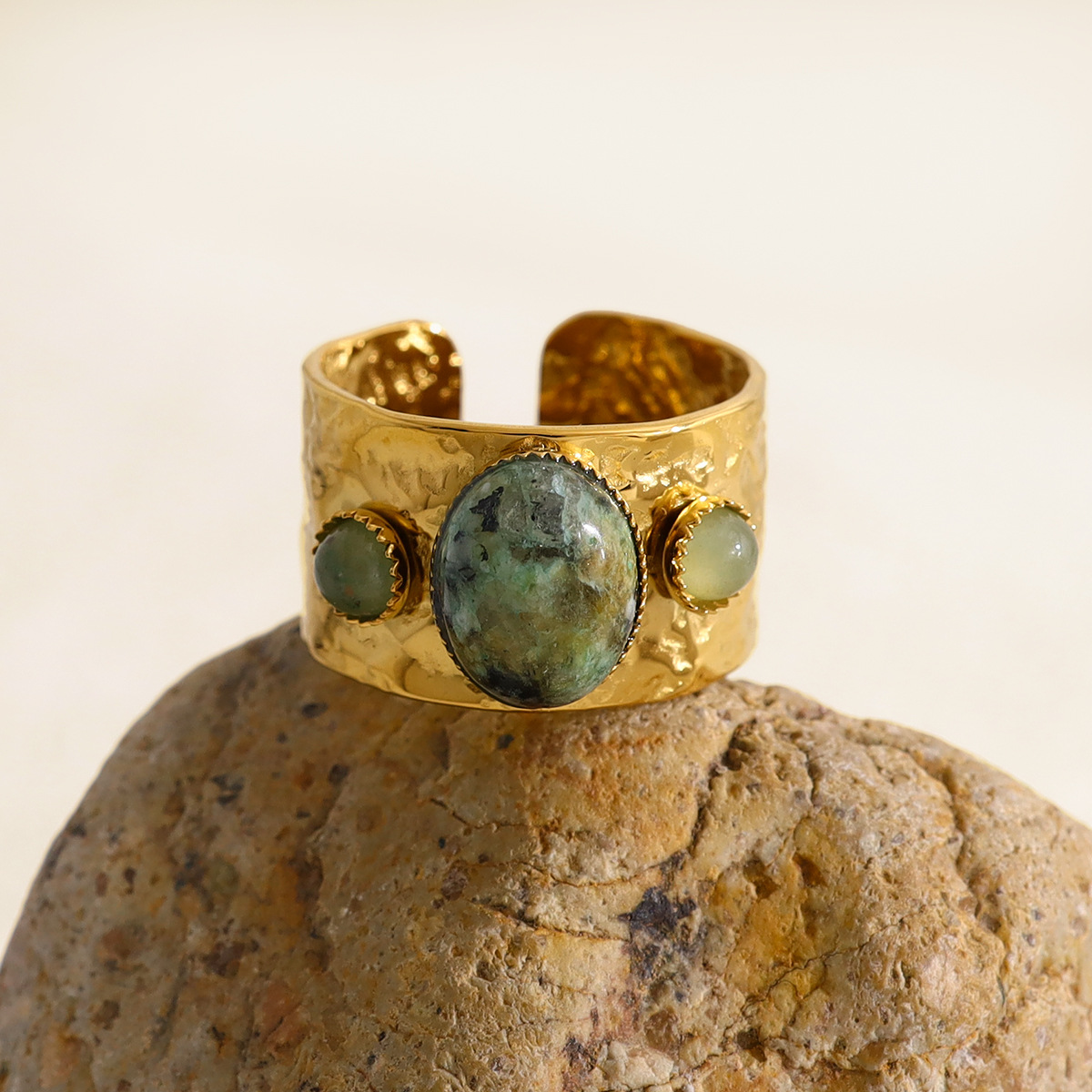 European style stainless steel natural stone ring with 18K gold plating, irregular design, wide open cuff ring for women.