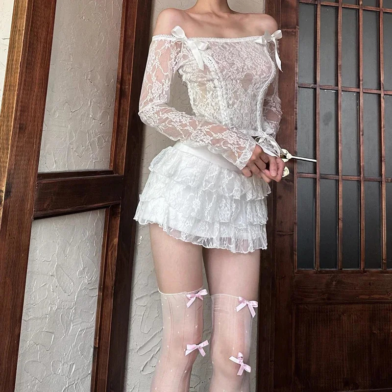 Candy Elegant Lace Off Shoulder Long Sleeve Tops With High Elastic Waist Pleated Mesh Skirt Autumn Sweet Women 2 Piece Set 250514