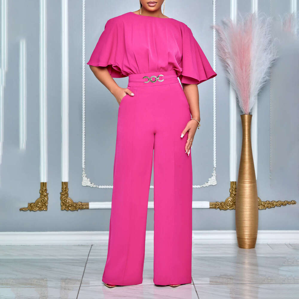 Women's Wear Women's Wear Women's Summer Fashion Round Neck Solid High Waist Large Size Wide Leg Jumpsuit