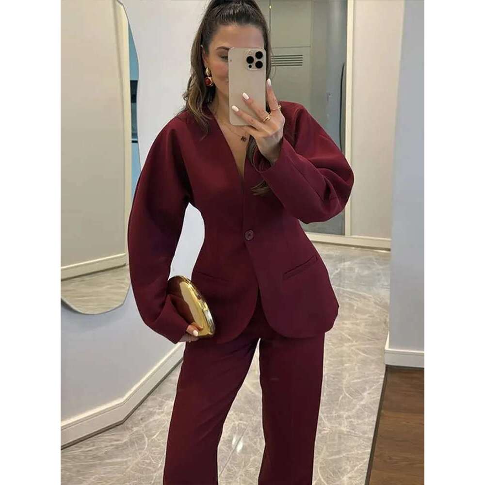 Elegant Blazer Trouser Women Two Piece Set Long Sleeve One Button Coat High Waist Wide Leg Pant Suit 2025 Spring Lady Streetwear