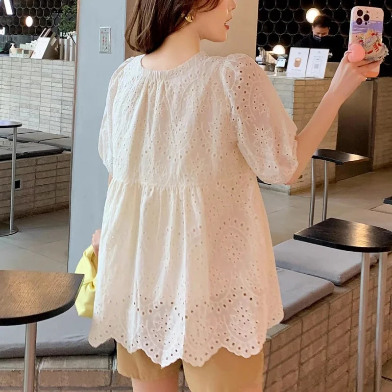 Fashion White Hollow Out Women Blouses Summer Short Sleeve Shirt Puff Casual Loose Clothing 250514