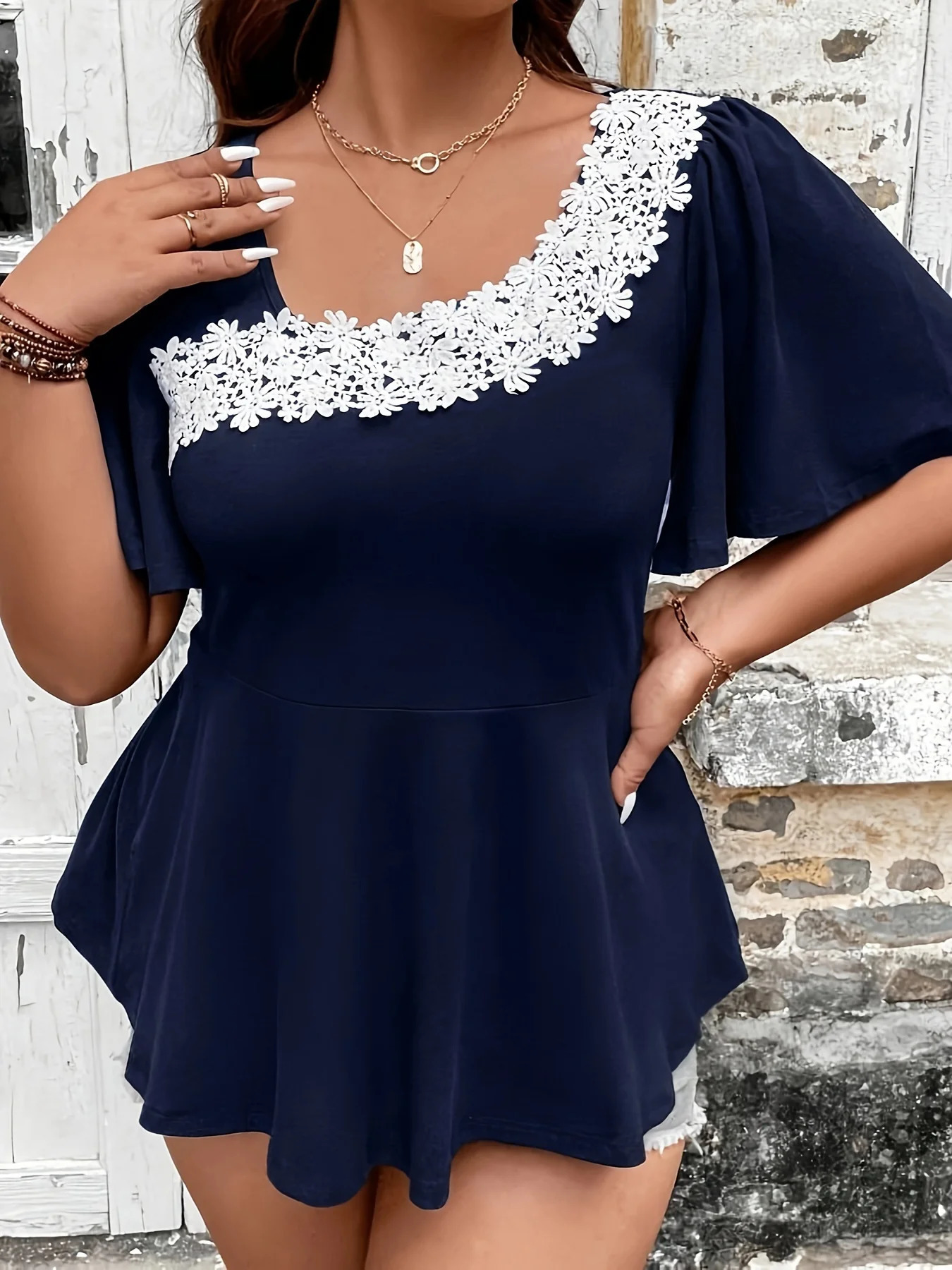 Plus Size Summer European and American Style Shirt for Women Casual Cute Solid Ruffle Neck Curve Clothing Tops 250514