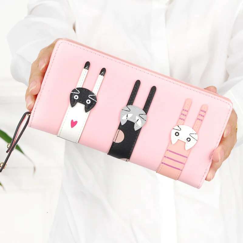 Funny Kitten Design Women Long Wallet PU Leather Cute Cartoon Cats Girls Zipper Purse Ladies ID Bank Card Holder Clutch Bag