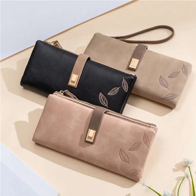 Women Wallet Fashion Long Design Retro PU Leather Credit Card Holder Frosted Leaf Print Buckle Zip Purse Female Handbag Wallets