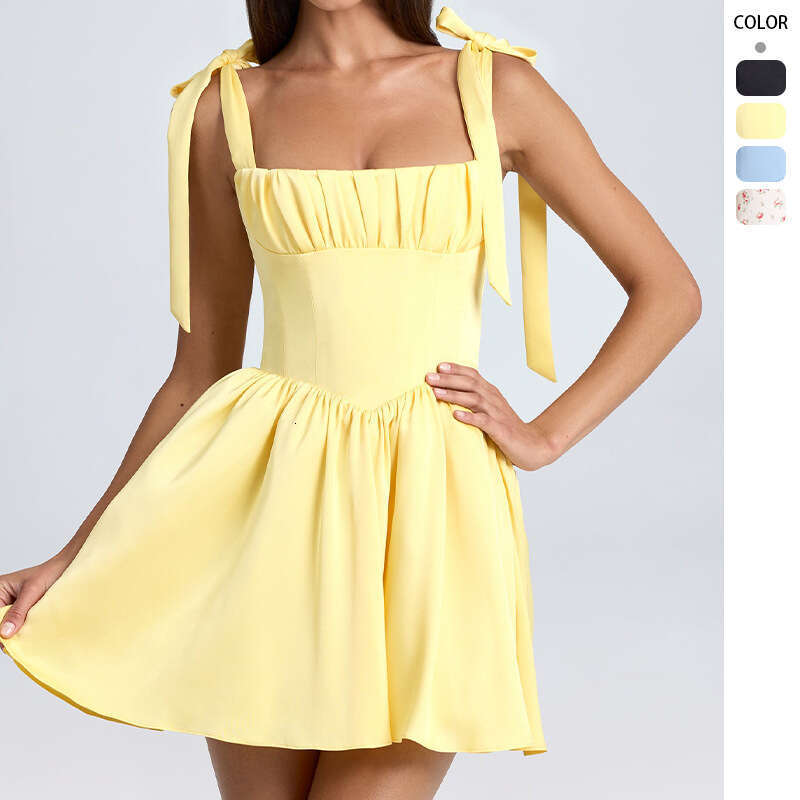 Maxi Dress Summer Dresses Womens Designer Clothing Whitedress 2025 Summer New Womens Fashion Square Neck High Waist Folded Splicing Bow Strap Dress