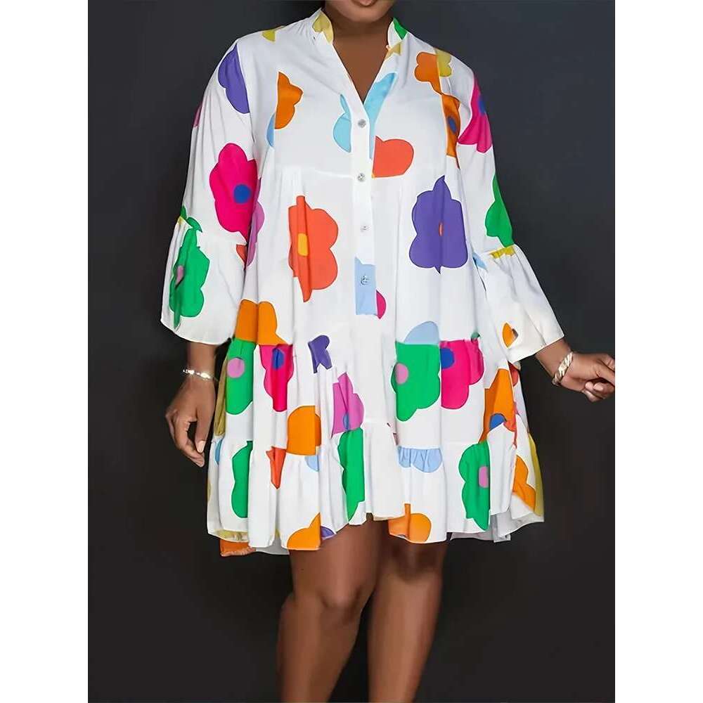 Plus Size Autumn New Floral Printed Women's Casual Loose Button Fashion Streetwear Polyester V-Neck Pleated Dresses