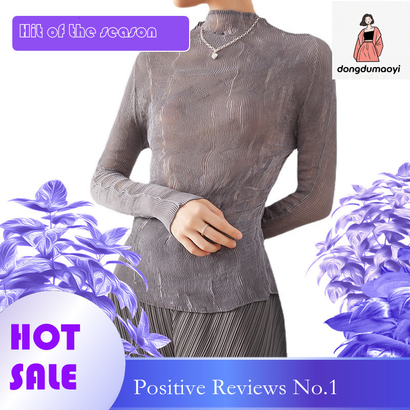 dongdumaoyi Wrinkled top transparent spring and autumn three house T-shirt slim fit base long sleeved new sexy silk shirt for women