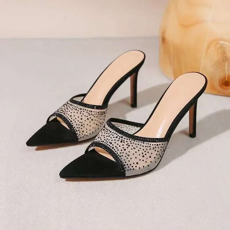 Fashionable stiletto rhinestone slippers pointed open toe slip-on high heel sandals