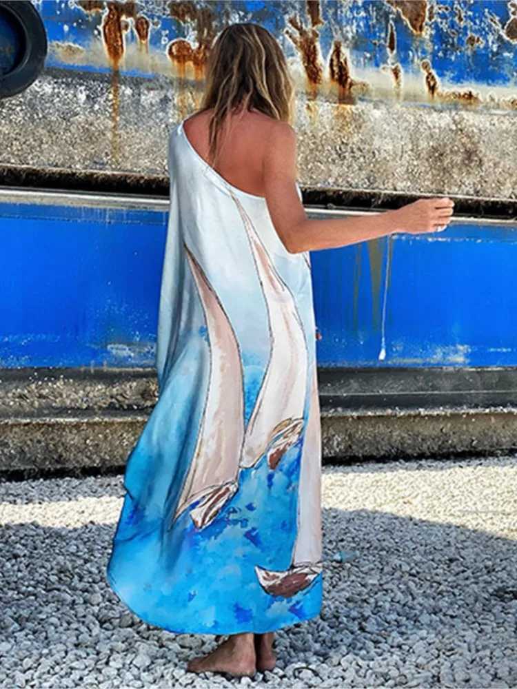 Color Butterfly Print One Shoulder Sleeve Dresses Women Sexy Off Shoulder Loose Beach Vacation Irregular Long Dress StreetwearXJ250514