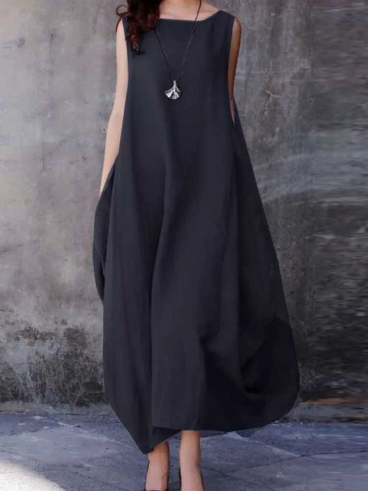 Fashion Solid Color Sleeveless Long Dresses Women Spring Summer New Simple Style Pocket Loose Big Hem Dress Lady Trendy DressesXJ250514