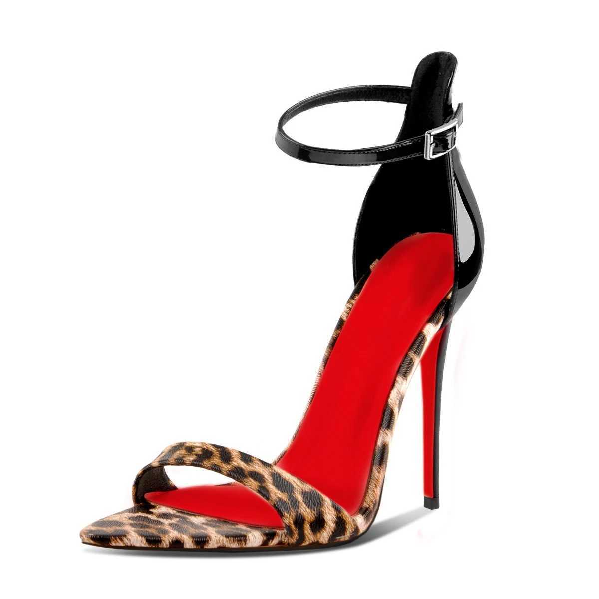 New leopard print pointed toe exposed toe straight strap thin heel sandals for women sexy red soled fashion high heels W250514