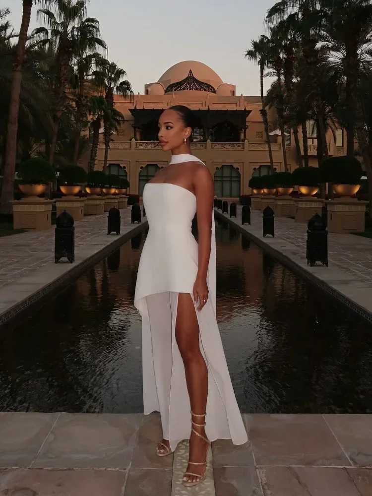 Elegant White Mesh Splicing Slim Women Strapless Dress Chic Scarf Neck Off Shoulder High Waist Long Dresses Lady Party RobesXJ250514