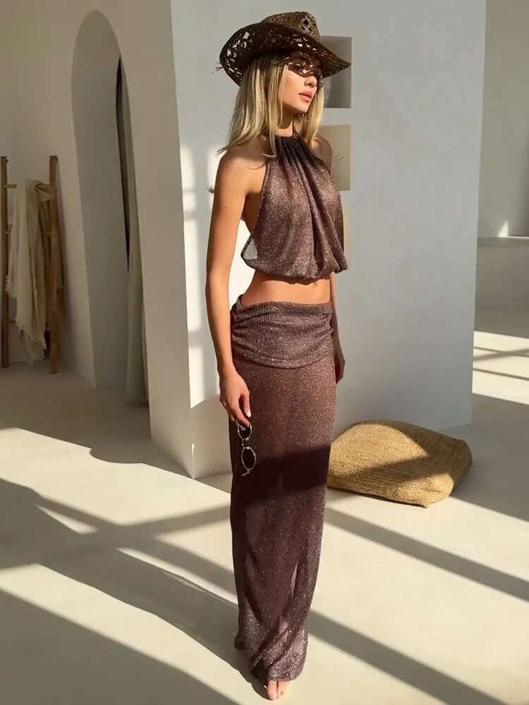 Sexy Knit Sets Backless Wrap Lace-Up Top Chic Beach Half Skirt Two-Piece Swimsuit Cover Up 2025 Summer Women's Party Outfit K167