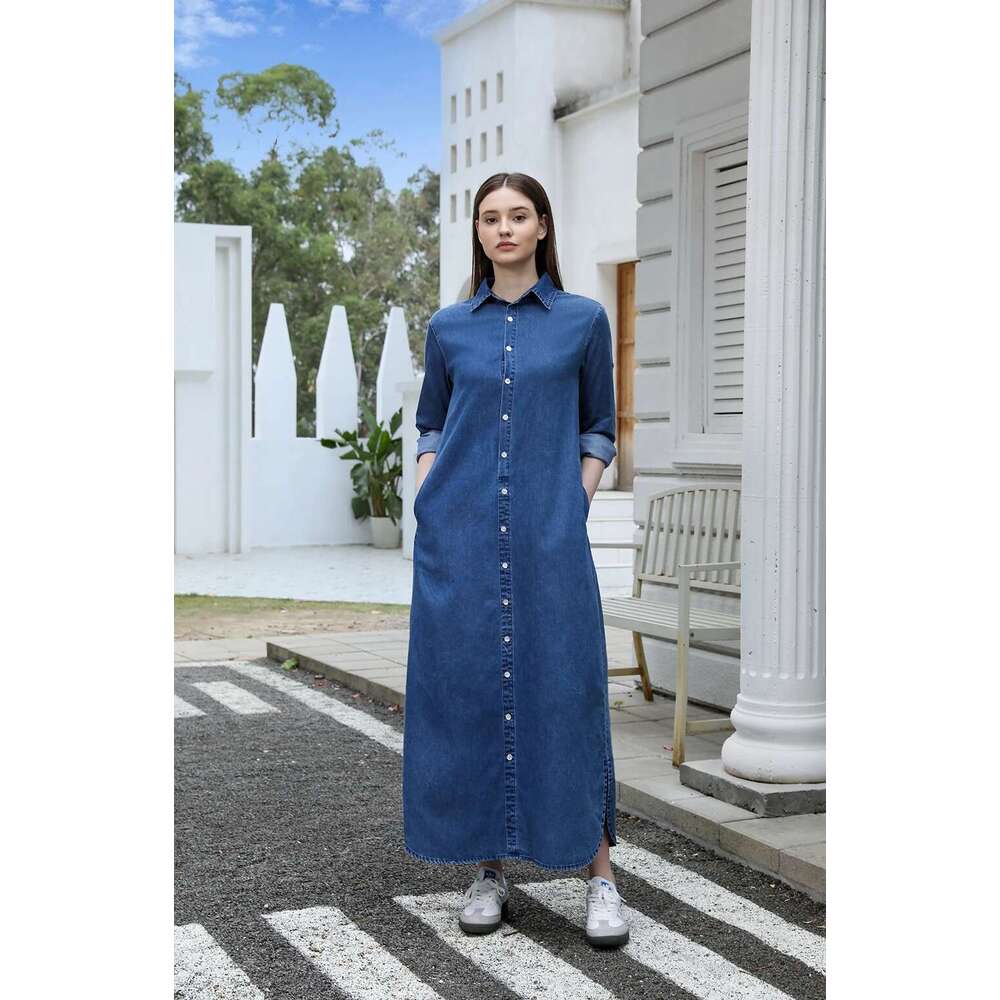 AP Ss25 Women Collar Denim Dress Blouse Style Casual Cotton With A Removable Belt