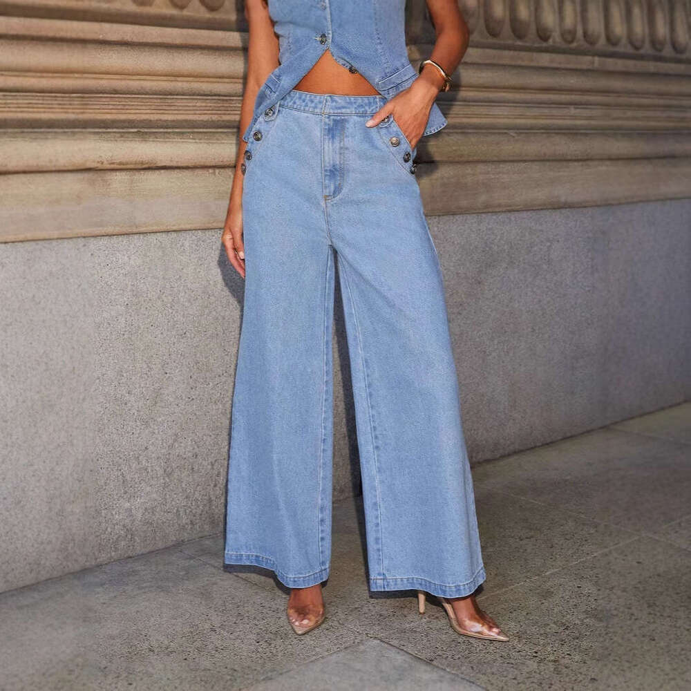 New American Solid Color Loose and Fashionable Long Sleeved Denim Suit Style Wide Leg Pants Washable High Elasticity Ventilation Solid Fashion New Arr