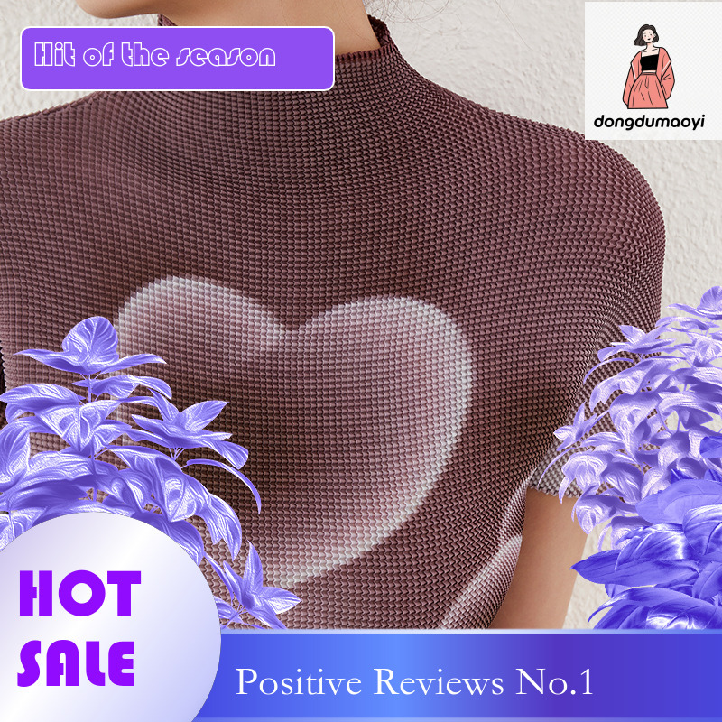 dongdumaoyi Miyake short sleeved stand up collar top women's pleated 2025 summer new item skin friendly high elasticity plus size slimming temper