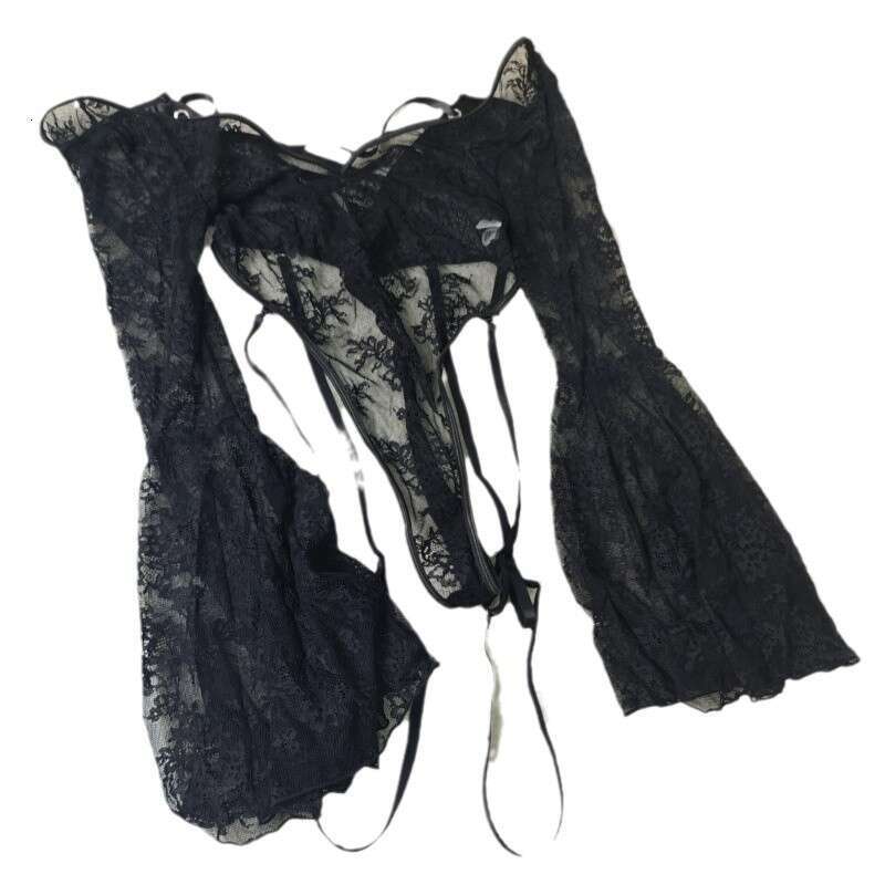 Sexy Lace Lingerie New Semi Transparent Sexy Pure Desire Jumpsuit Black Long Sleeved Lace Lingerie Set KQ