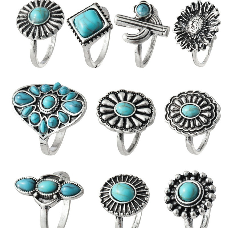 New Ring Exaggerated Geometry Flower Pine Stone Water Drop Ten Piece Set