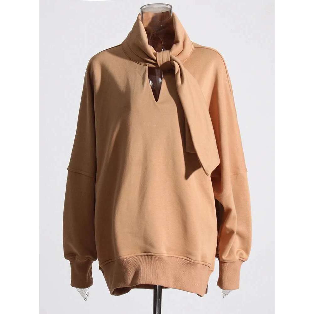 Minimalist Loose Hollow Out Sweatshirt For Women Scarf Collar Long Sleeve Autumn Casual Solid Sweatshirts Female 2024 Designer