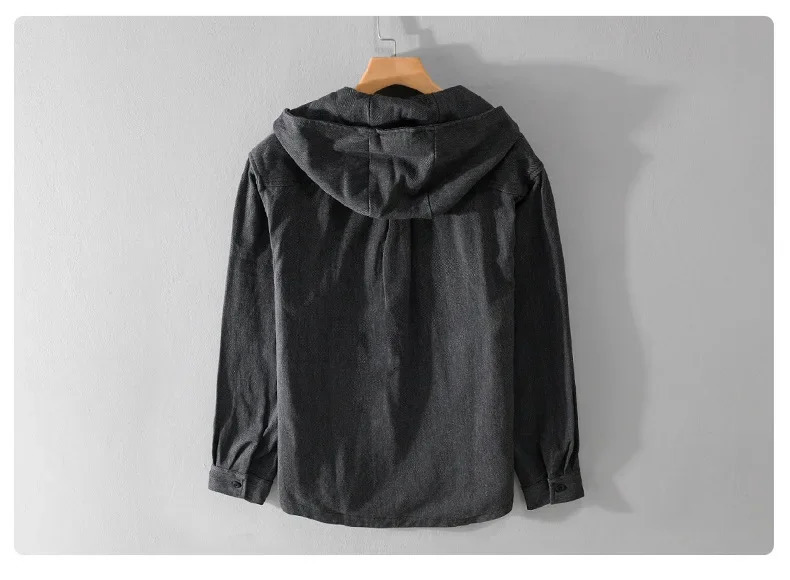 Autumn mens long sleeved streetwear youth hooded merchandise shirt double pocket casual black American retro 250506Z