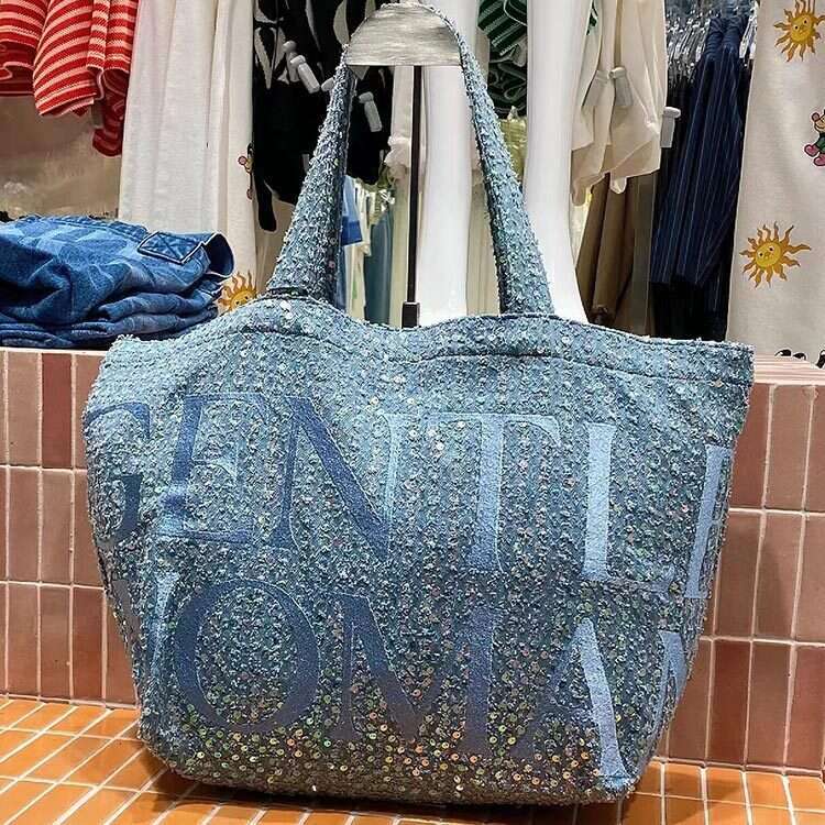 Thai letter glitter washed denim item bling large capacity tote bag 2025 temperament versatile new trend ins