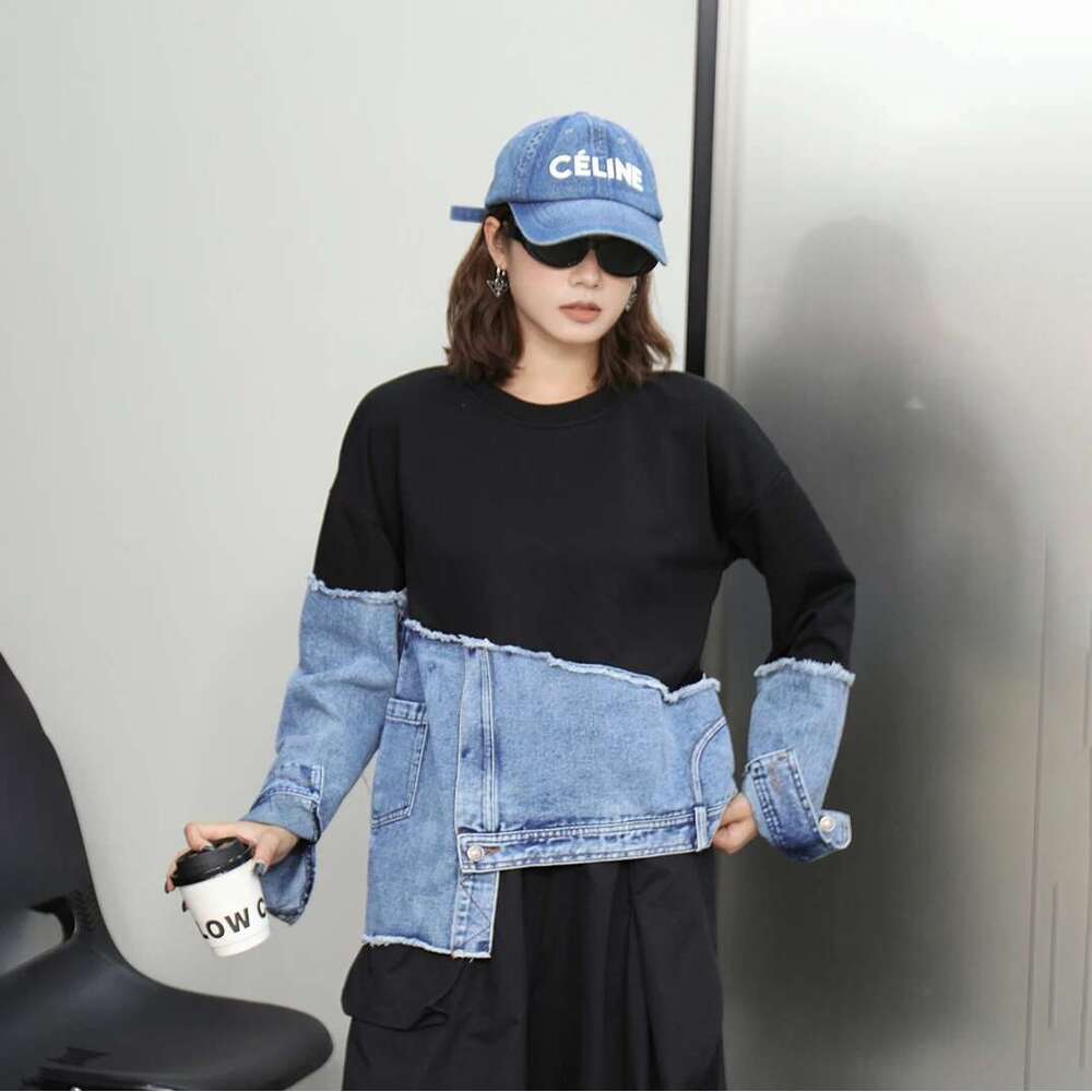 240920 Sweatshirt Women's Personality Asymmetrical Denim Splicing Loose Casual Top Autumn Winter Fashion Versatile Tops Designer
