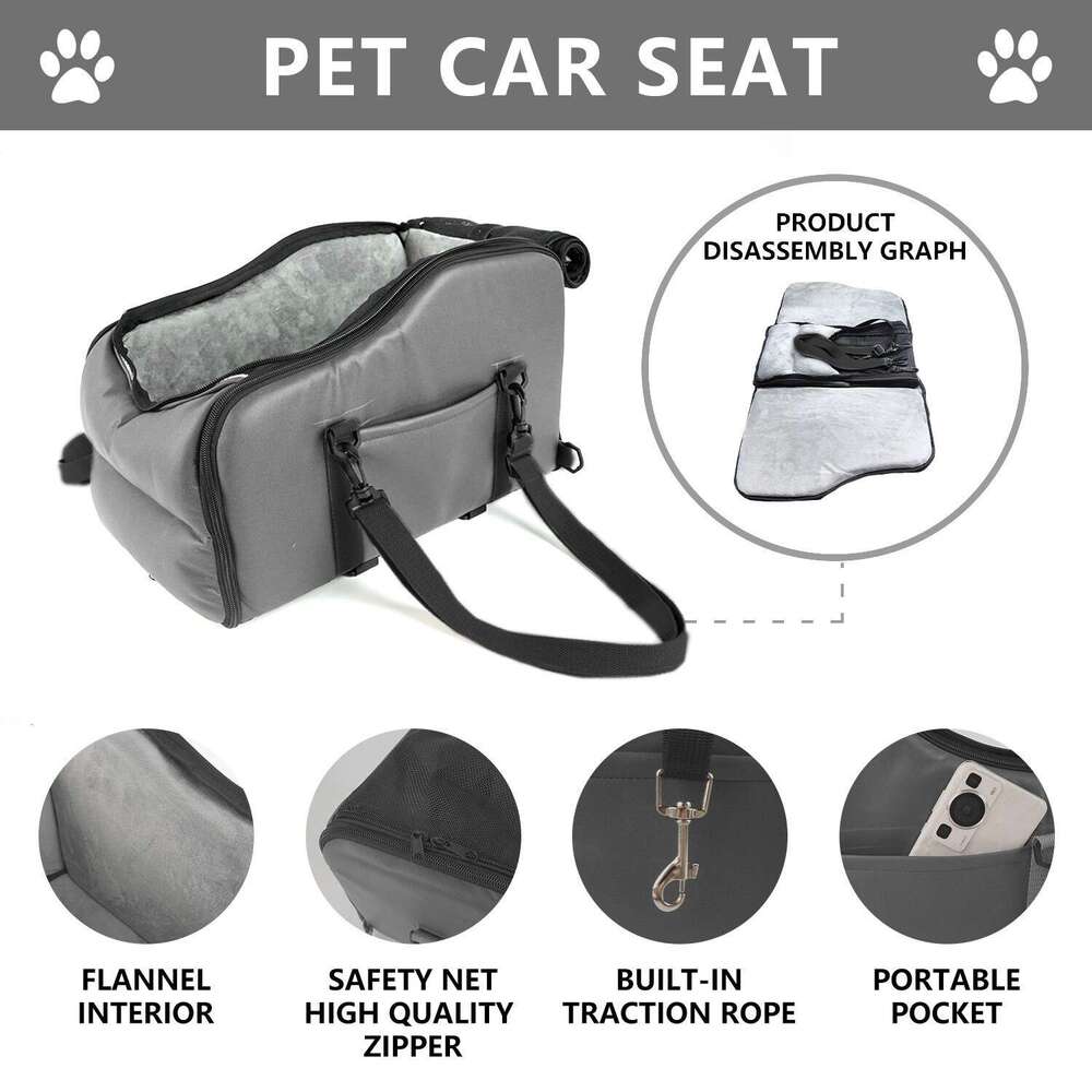 Removable and washable dog bed, portable pet mat for outdoor use, car travel safety seat, center console, front seat