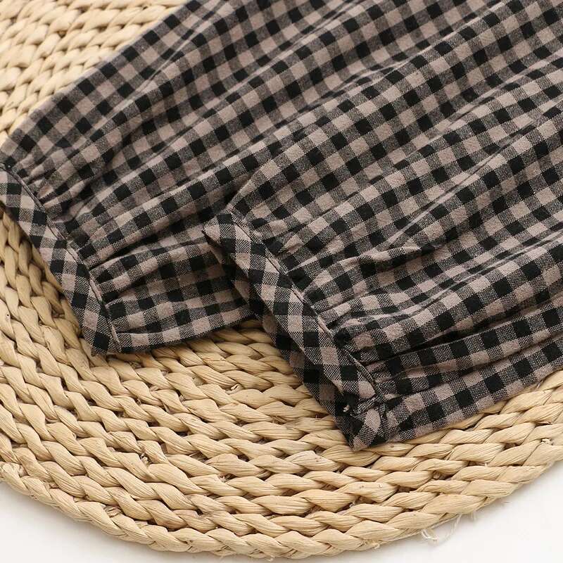 Women Plus Size Fall And Spring Clothing Trendy Round Collar Shirt Long Sleeves Checkered Pattern Widen and Fatten Large