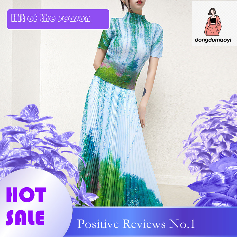 dongdumaoyi Wrinkle Fashion Top Short Sleeve Chiffon Landscape Printed Design Age Reducing T-shirt Half Skirt Two Piece Set for Women