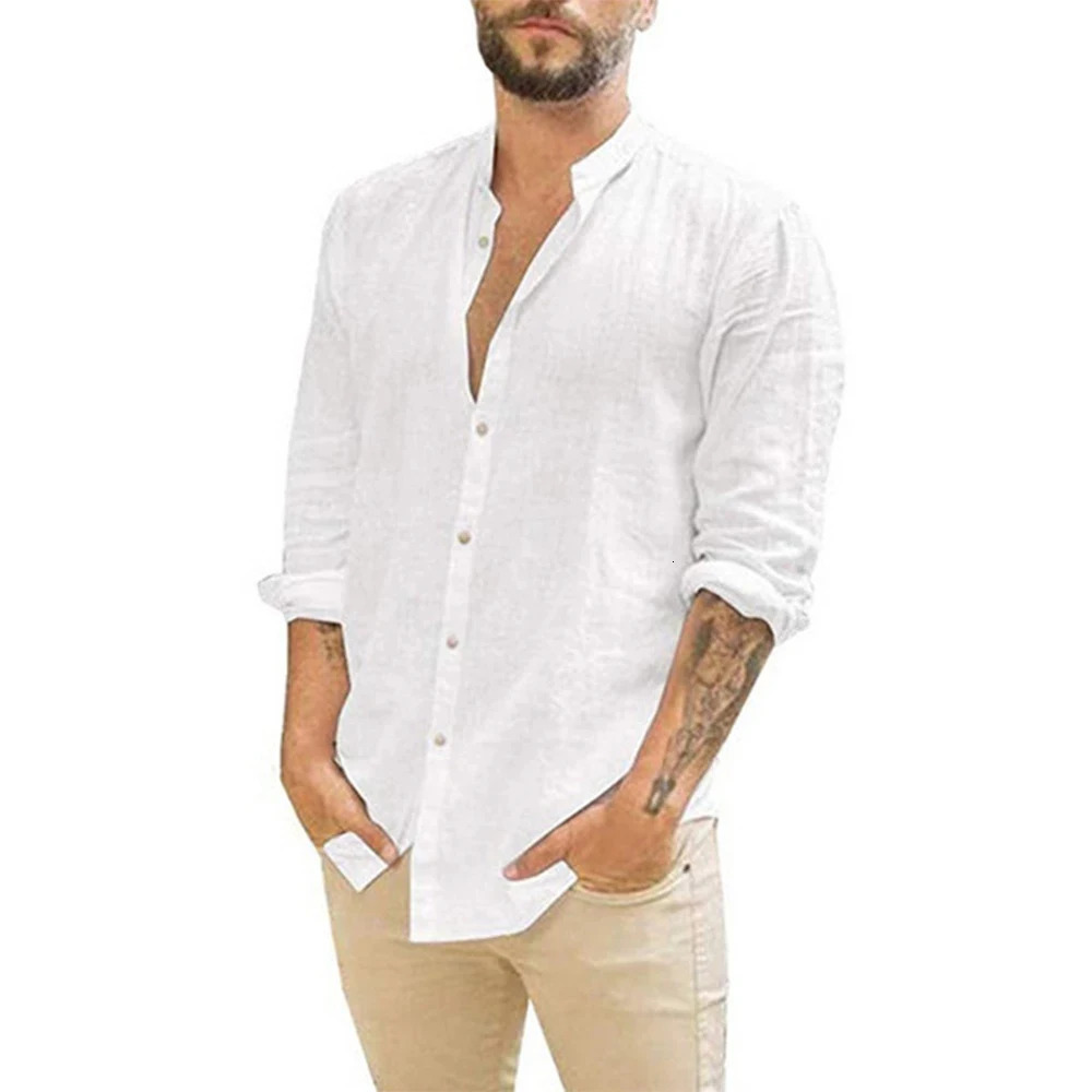 Cotton Linen Mens LongSleeved Shirts Summer Solid Color StandUp Collar Casual Beach Style Plus Size 250514