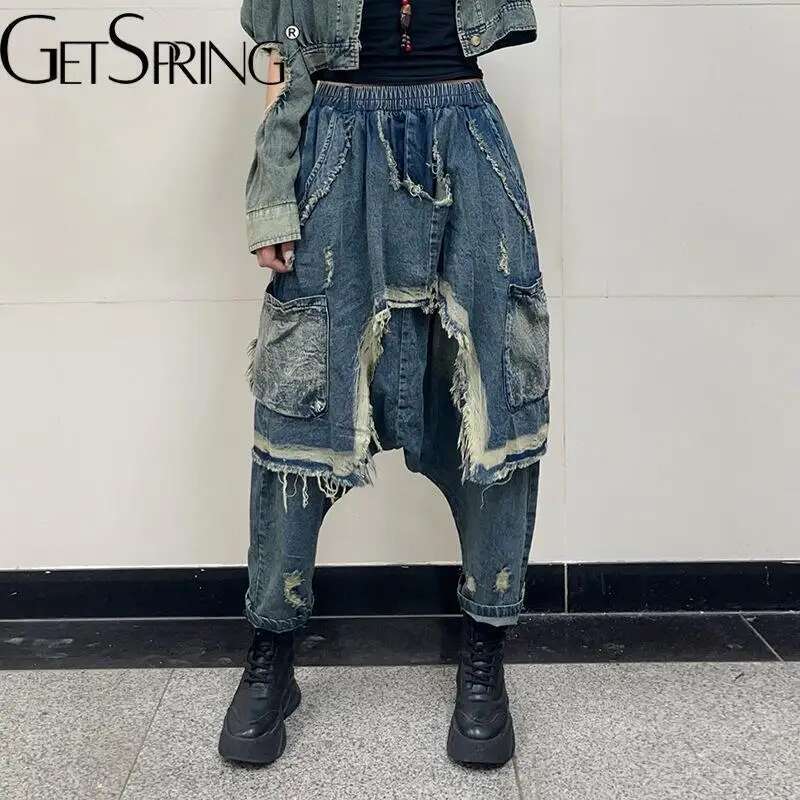 Getspring Women Jeans 2025 Spring Autumn Elastic Waisted Pocket Harem Pants Fashion Loose Casual Long Denim Trousers