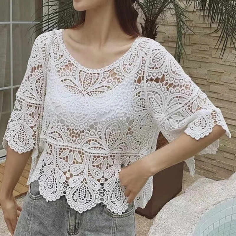 REALEFT Summer Vintage Lace Crochet Womens Blouses Half Sleeve Oneck Hollow Out Loose Shirts Short Tops for 250514