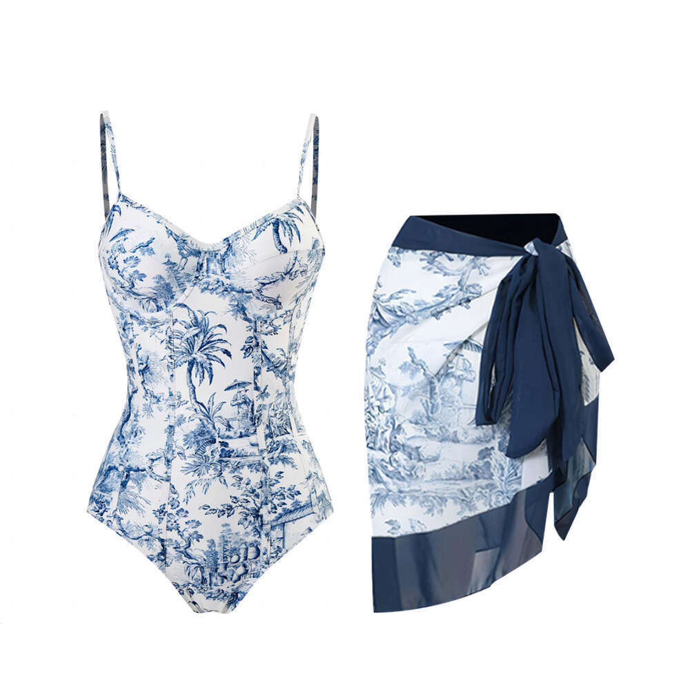 European American one-piece swimsuit for women, conservative slimming, retro printed with strip steel support, hard pack swimsuit, chiffon long skirt,