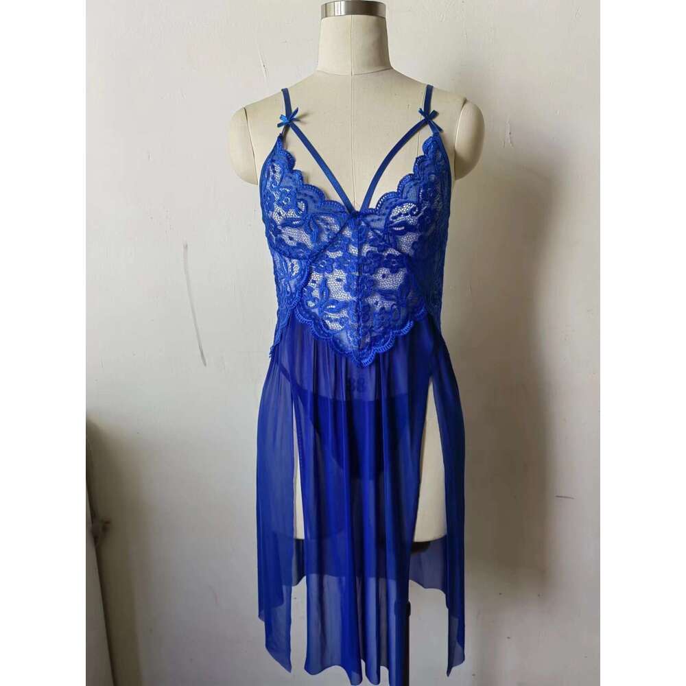 Sexy Lace Lingerie Fun Lingerie For Women Sexy Lace Mesh Patchwork Suspender Slit Exposed Breast Long Skirt Sleeping Dress KQ