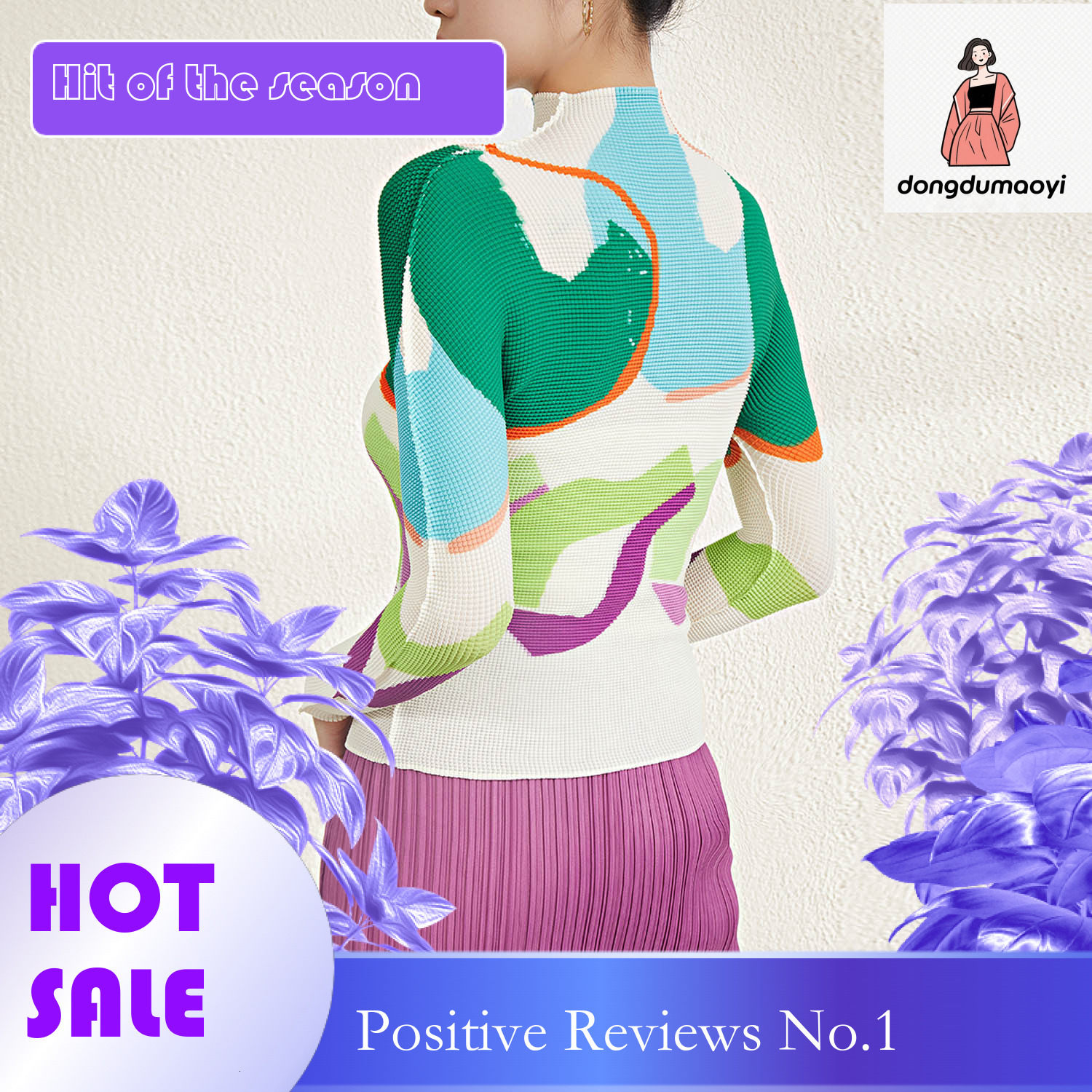 dongdumaoyi Miyake niche chic design long sleeved half neck pleated printed top spring style women's age reducing western-style base small shirt