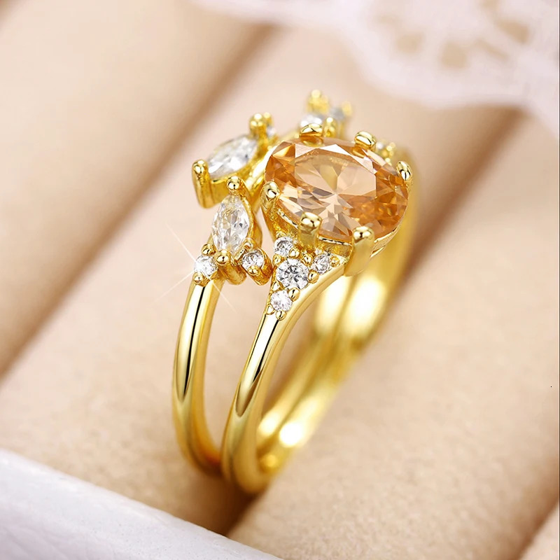 Huitan Champagne CZ 2Pcs Women Rings Aesthetic Wedding Accessories Gold Color Exquisite Leaf Rings Party Fashion Jewelry Sets 250509