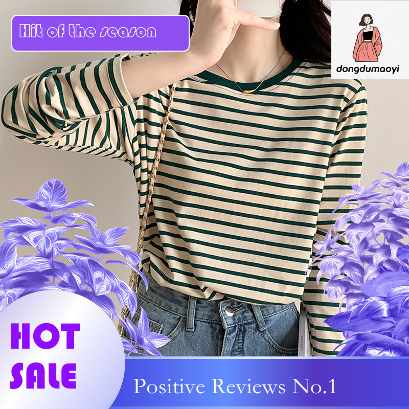 dongdumaoyi Early autumn striped bottom shirt for women with a stylish round neck loose and versatile long sleeved t-shirt, casual pure cotton top, th