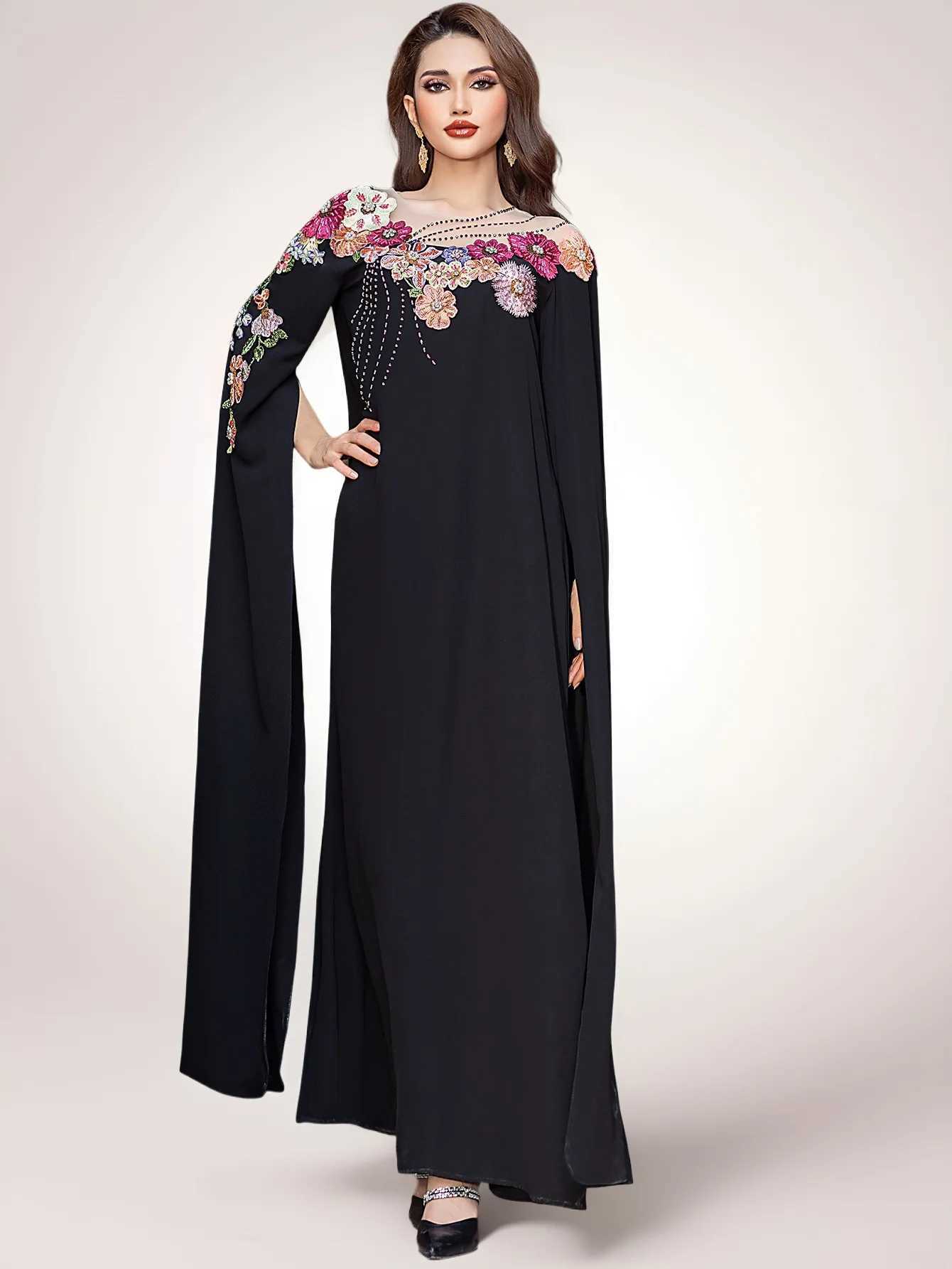 Ramadan Applique Abayas for Women Extra Long Slve Evening Party Dress Muslim Dubai Kaftan Islam Jalabiya Eid Djellaba Vestidos X250514