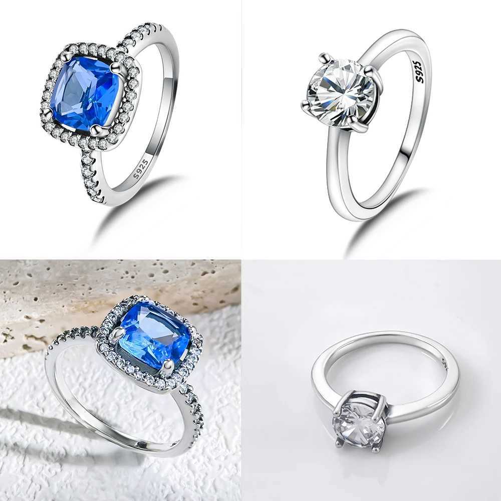 Original 925 Sterling Silver Red Zircon Blue Crystal Heart Bow Rings Women Jewelry Girlfriend Wedding Engagement Ring Set GiftXJ250514