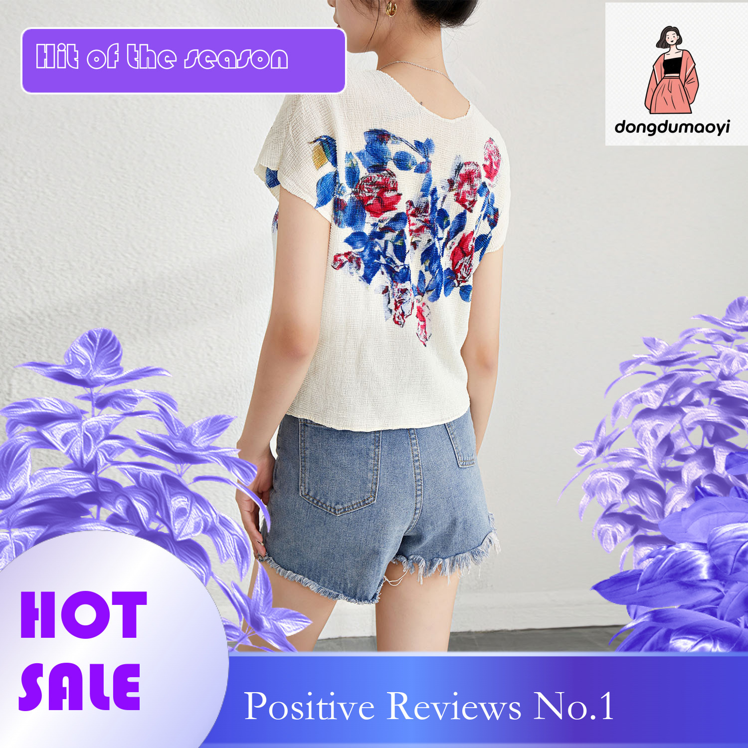 dongdumaoyi Fashionable pleated printed T-shirt 2024 summer new top bat sleeve round neck pullover loose and versatile short sleeved shirt