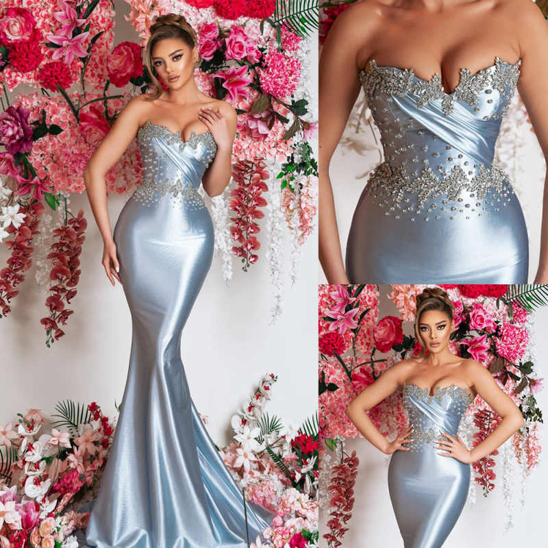 Classic Light Blue Crystals Sequins Mermaid Prom Dresses With Strapless Sleeveless Satin Evening Party Gown Cocktail Dress Floor-Length Plus Size Vest