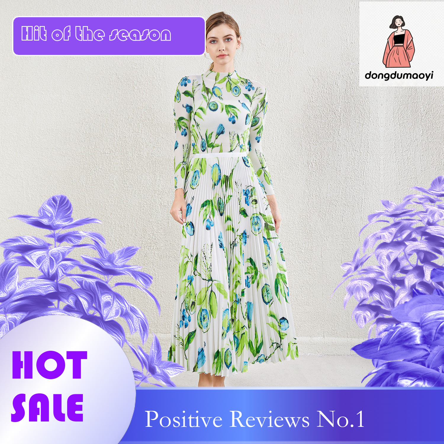 dongdumaoyi Colorful high waisted half women's large swing skirt, new printed top, slim fit small shirt, pleated set